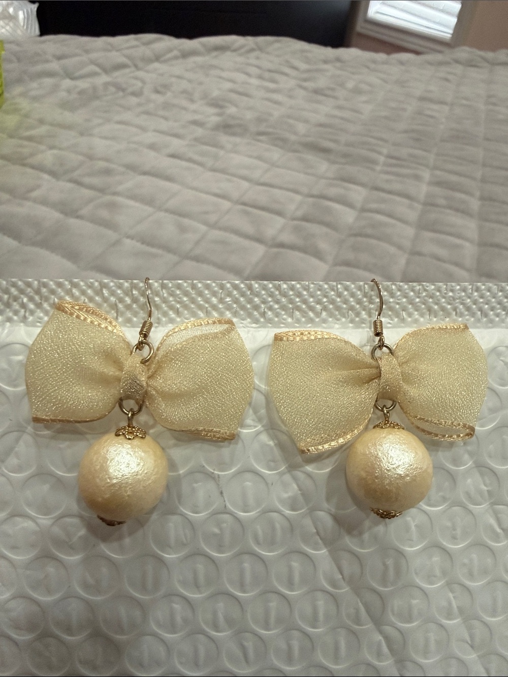 Ivory Bow Drop Earrings with Pearl Orbs